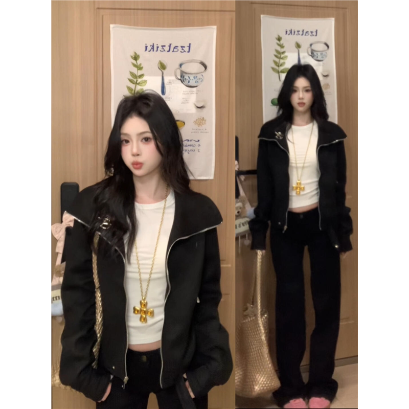 美式复古小个子黑色翻领外套女春秋新款设计感宽松百搭短款夹克潮,淘宝优惠券,粉丝福利购,淘宝优惠卷