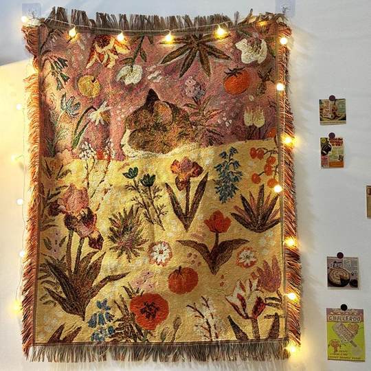 韩系ins治愈高颜值小猫咪挂毯 棉线编织针织装饰艺术挂毯流苏壁毯