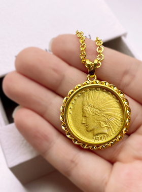 复古1911印第安人头像硬币镶嵌吊坠项链时尚轻奢项链黄铜欧美ins