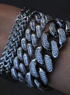 欧美嘻哈微镶方锆石满钻古巴链