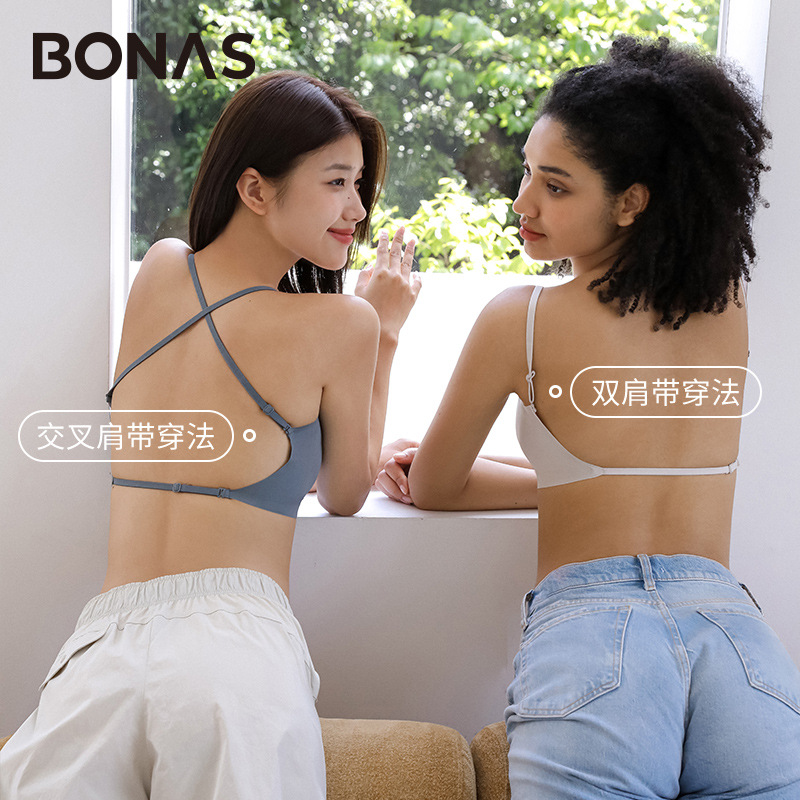 BONAS宝娜斯吊带文胸女士5A级抗菌夏季纯色大U美背文胸内衣女 - 图0