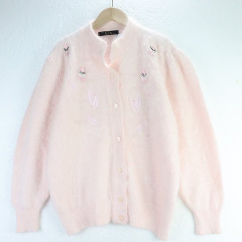 古着vintage孤品安哥拉兔毛文艺学院风软妹钩花钉珠少女毛衣B97 - 图0