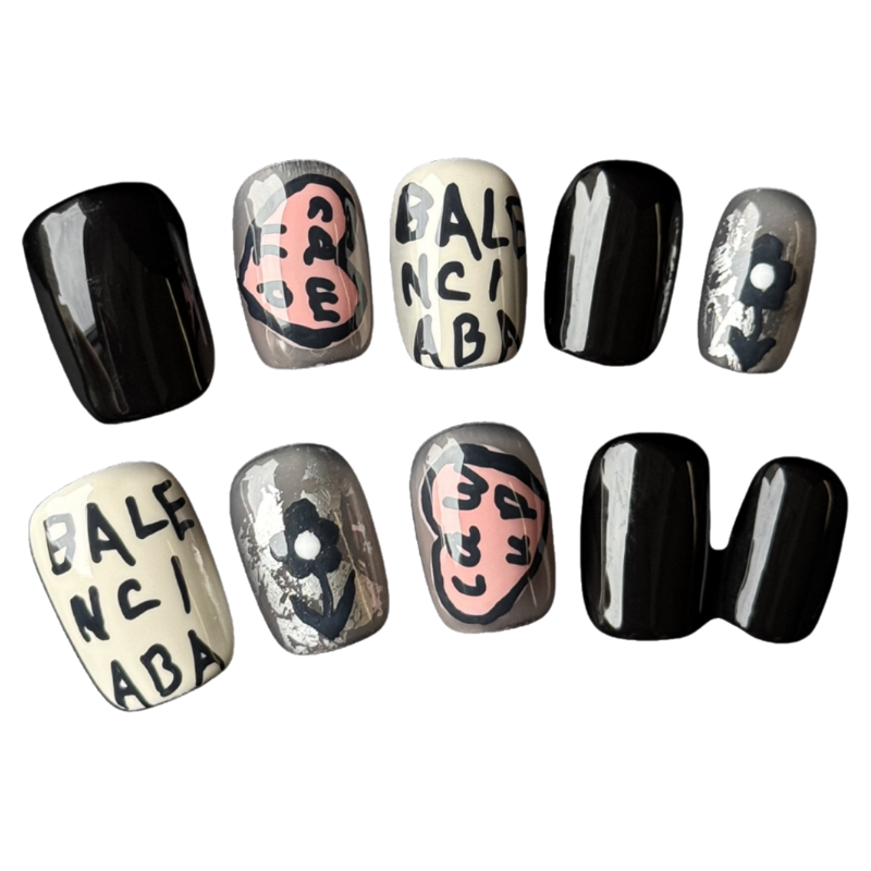 南卜兔纯手工穿戴甲短款成品假指甲贴片黑色系手绘涂鸦可爱穿戴甲,淘宝优惠券,粉丝福利购,淘宝优惠卷