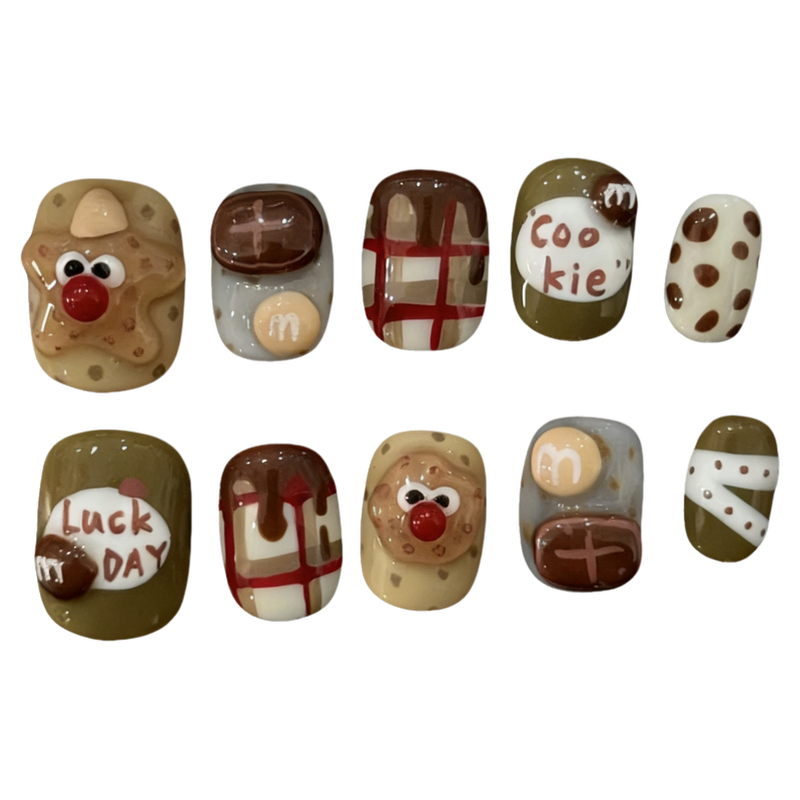 饼干人m豆纯手工穿戴甲可爱短款卡通立体手绘咖色美甲贴片可拆卸,淘宝优惠券,粉丝福利购,淘宝优惠卷