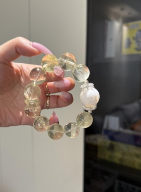 天然柠檬黄水晶老矿料搭配白幽灵原创女款新中式批发源头爆款手串