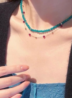 天然冰种天河石小米珠锁骨链蓝色水晶转运项链女款中式原创颈链