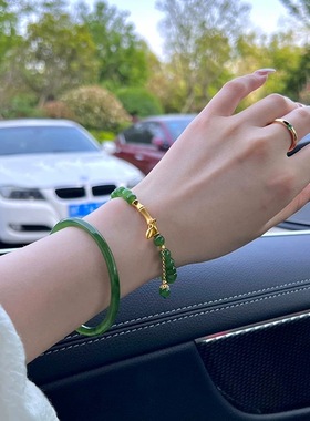 俄罗斯碧玉小米珠手串上岸好运节节高升925纯银镀金竹节手链女款