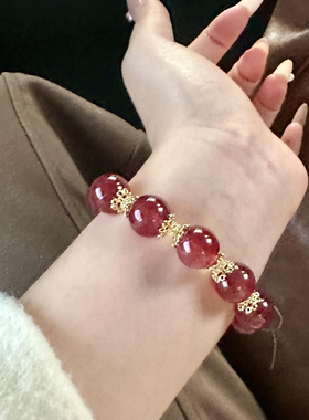 7A级天然草莓晶大颗粒原创手串中式国风鸽血红水晶转运手串女款