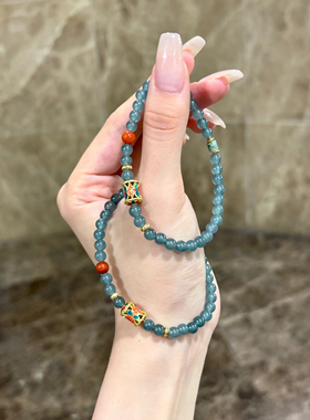 天然翡翠蓝水圆珠单圈新中式国潮手串2024新款轻奢冰种玉手链女款