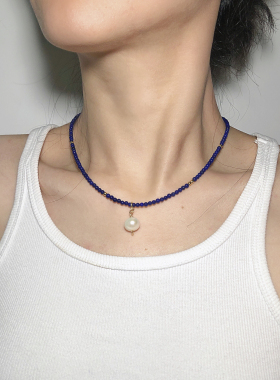 天然原矿阿富汗老料青金石小米珠锁骨链蓝色水晶帝王青项链原创女