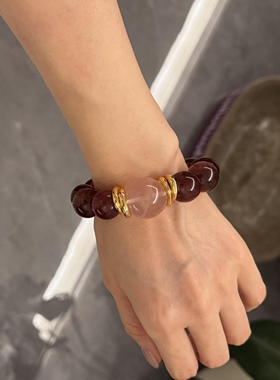 7A级天然鸽血红车厘子草莓晶原创手串搭配粉水晶手链中式复古暗黑