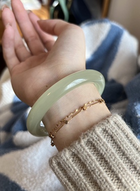 和田玉青白玉冰底晴水圆条手镯胖圆玉镯子少女款湖水绿青海料附证