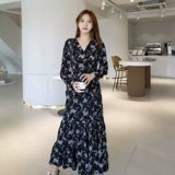 Осенний шифоновый сверхдлинный лонгслив, приталенное платье, V-образный вырез, А-силуэт