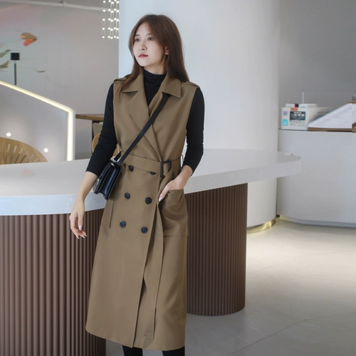 Плащ, осенний жилет, длинный костюм, куртка без рукавов, коллекция 2023, средней длины, в корейском стиле