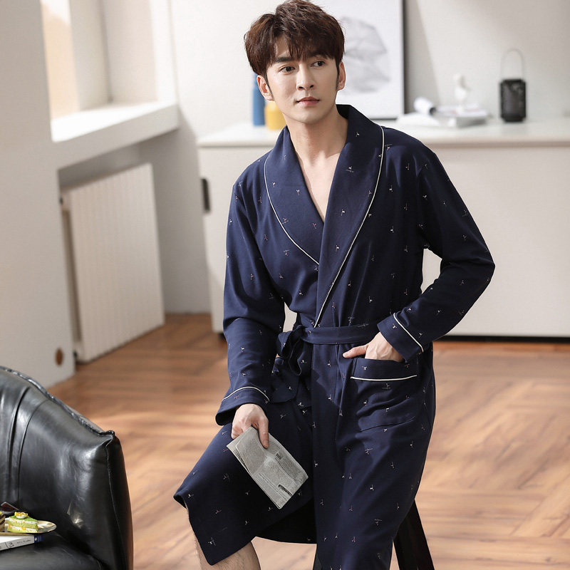 男士春秋季纯棉中长款加大码睡袍 依璐儿睡袍/浴袍