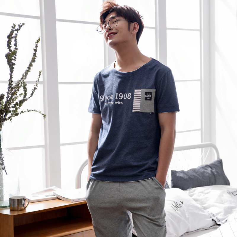 可外穿睡衣男士夏季纯棉短袖长裤 依璐儿睡衣/家居服套装