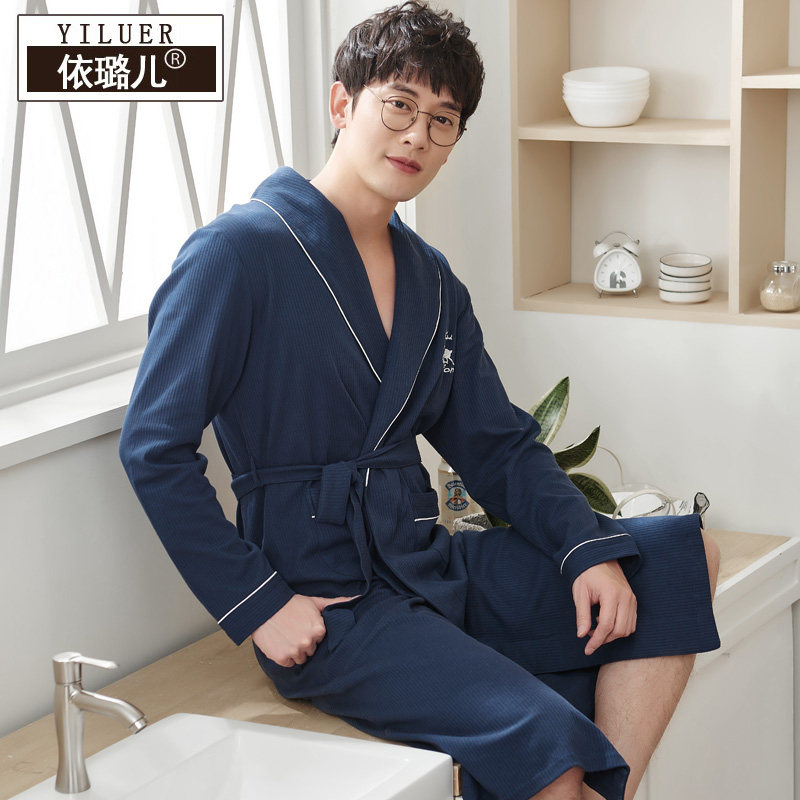 男士春秋季纯棉中长款加大码睡袍 依璐儿睡袍/浴袍