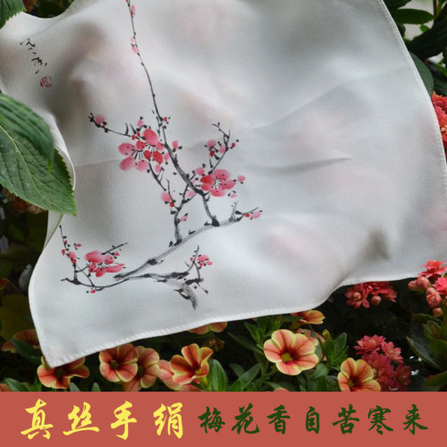 女友珍藏款手绘国画双绉真丝手帕古风女士随身桑蚕丝手绢丝绸手巾 - 图1