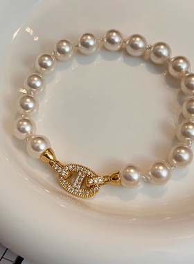 D家猪鼻子镶钻珍珠手链女款