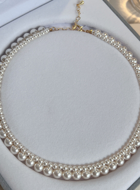 双层叠戴灰色真多麻珍珠项链女士