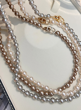 灰色真多麻施家珍珠项链夏天毛衣链大小颈链2025新款高级感配饰女