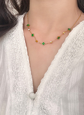 欧美跨境孔雀绿锆石方块项链女高级感气质百搭小众设计精致锁骨