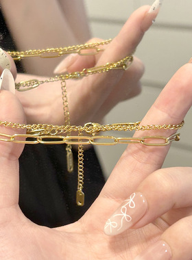 欧美跨境钛钢复古金色朋克风双层粗链不掉色手链女潮款情侣配