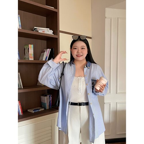 梵朵大码女装初秋时尚百搭长袖衬衫撞色口袋遮肉个性外套17902J - 图0