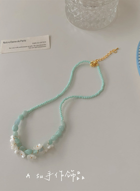 甜美蓝色串珠项链女锁骨链