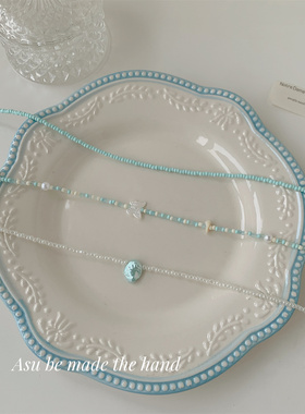 Asu原创自制~蓝色米珠项链女
