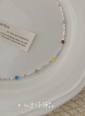 小众彩色串珠碎银项链女