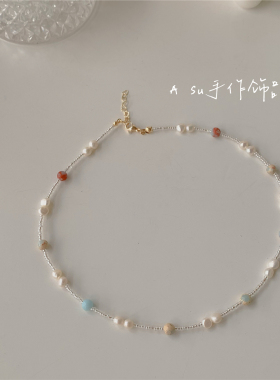 满25包邮】超仙气质天然淡水珍珠项链紫色碎石锁骨链choker女2024