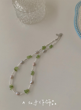 绿色碎石天然珍珠项链女