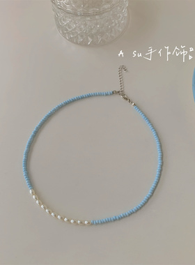 Asu手工自制~薄荷蓝串珠锁骨链