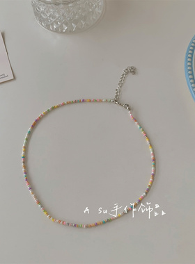 叠戴彩色珠子项链女锁骨链