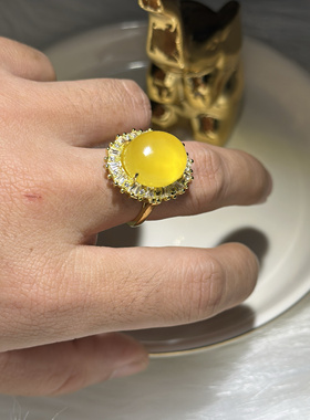 大界面纯天然蜜蜡戒指仅一枚活口可调节超美大气富贵招财合金镶嵌