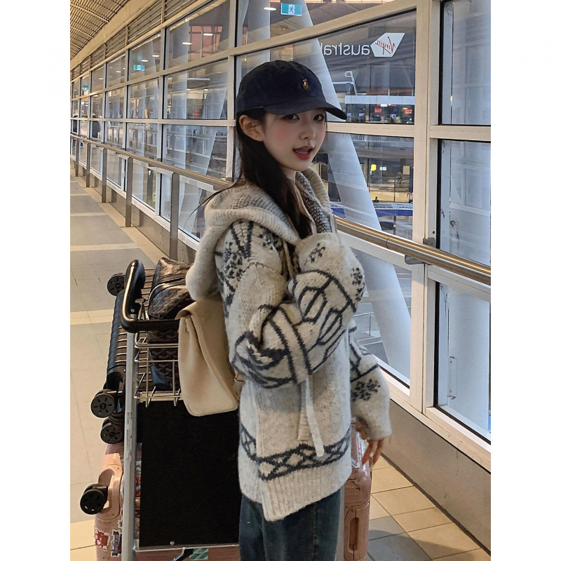 实价【百花绒大版加厚】费尔岛针织开衫女秋冬新款宽松连帽毛衣外 - 图0