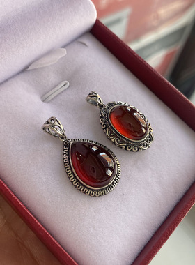 纯天然石榴石水滴形吊坠纯银女复古简约百搭气质红宝石项坠男女款