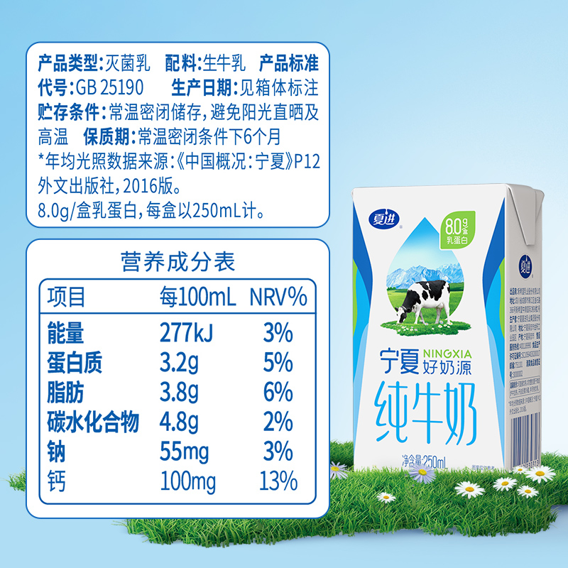 夏进纯牛奶250ml20盒整箱纯奶全脂营养宁夏奶源