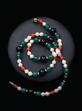 1930年代ArtDeco青金石珊瑚珠绿玉黑曜石14K金珠间色天然珍珠项链