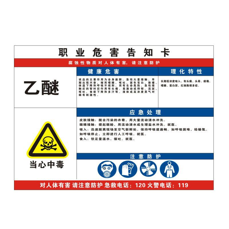 乙醚职业病危害告知牌卡卫生当心中毒消防安全周知危险废物化学品工厂车间标识提示贴纸警示标志定制GZD41 - 图0