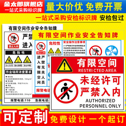 有限空间安全警示牌受限空间危险作业告知卡标识牌子告示牌闲人免进密闭空间标示标志提示指示贴纸警告贴定制 - 图1