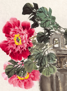 陈葆棣鼎盛牡丹国画斗方形花鸟画微喷宣纸字画未装裱画芯玄关壁画