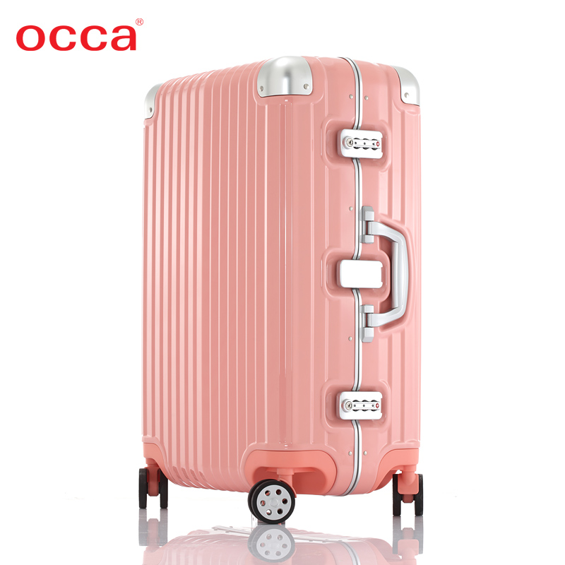 OCCA新款純PC小清新西柚粉色拉桿箱萬向輪女士金屬鎖旅行箱鋁框箱
