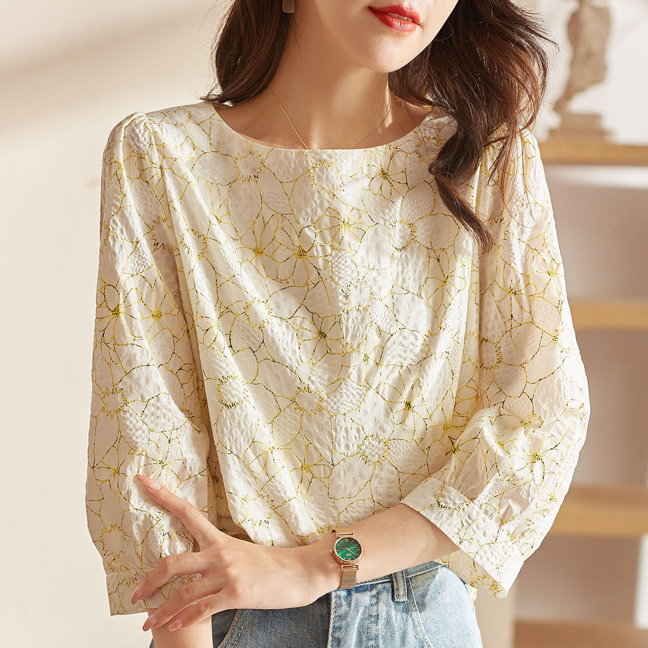 法式早秋印花气质纯棉七分袖雪纺衫 爱衣买衣蕾丝衫/雪纺衫