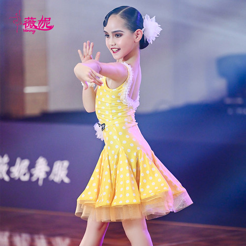 薇妮拉丁表演服女童可爱黄色波点演出无袖新款专业少儿学生练功服 - 图3