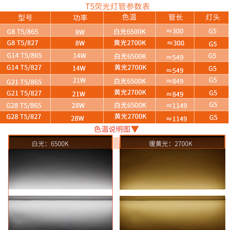 佛山照明T5荧光灯管三基色日光灯管家用走廊过道8w14w28镜前灯1.2-图1