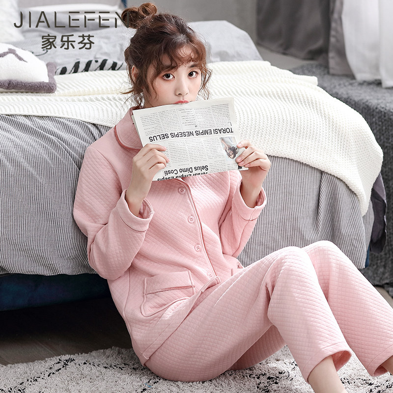 睡衣女士春秋季加厚纯棉长袖家居服秋冬季空气棉保暖夹层夹棉套装,淘宝优惠券,粉丝福利购,淘宝优惠卷