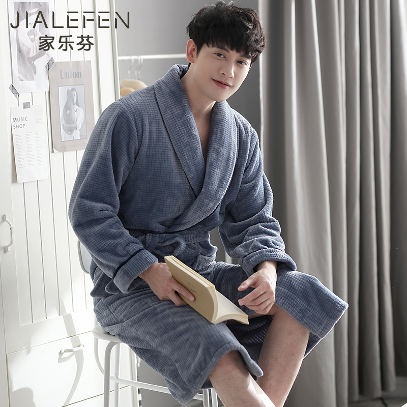 家乐芬旗舰店珊瑚绒睡袍男士秋冬季冬款冬天加厚长款睡衣法兰绒浴袍浴衣一体式0