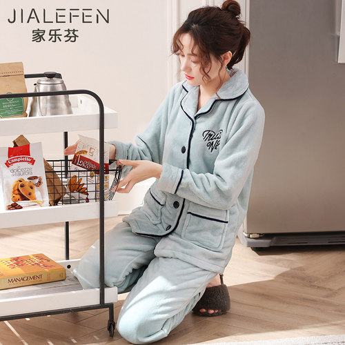 睡衣女秋冬款冬季珊瑚绒家居服法兰绒加厚款冬天大码加绒保暖套装 - 图2